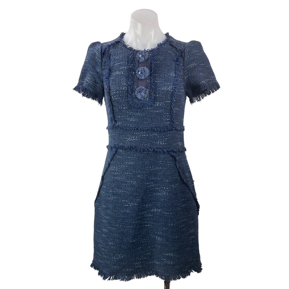 Rebecca Taylor Blue Tweed Short Sleeve Zip Slit Fringe Mini A Line Dress Size M